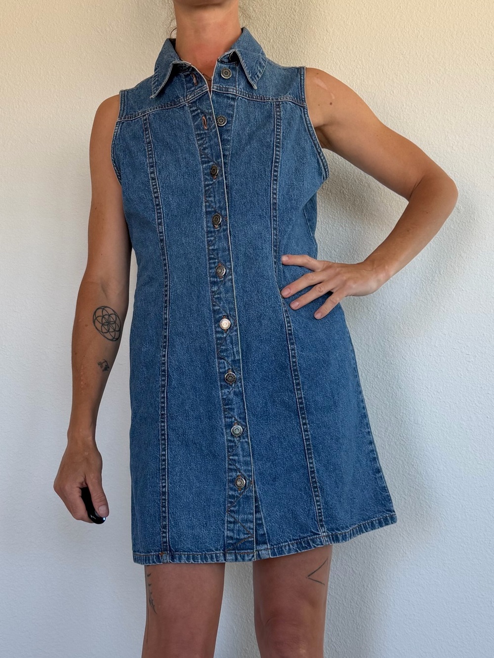 Vintage Y2K Denim Button Up Sleeveless Denim Mini Dress in Blue 100% cotton